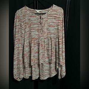 Red blue tan & white boho high low blouse. Long sleeve. Medium